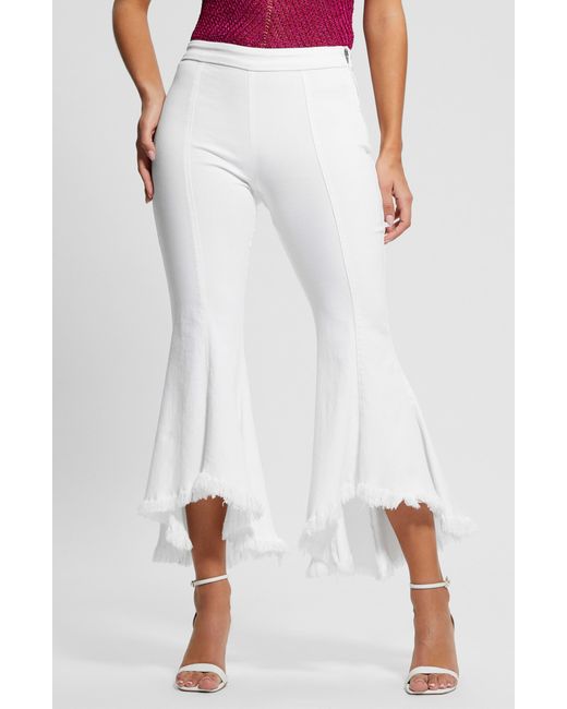 Guess White Sofia 1981 High Wast Fray Hem Crop Flare Jeans