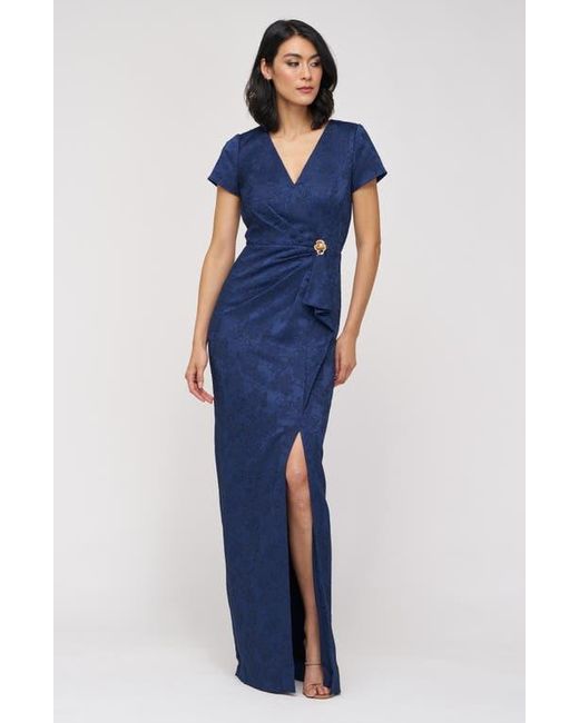 JS Collections Blue Aidy Faux Wrap Column Gown