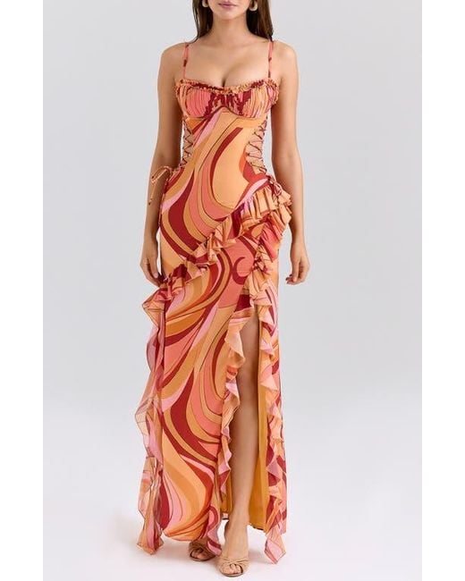 House Of Cb Orange Lumira Print Ruffle Gown