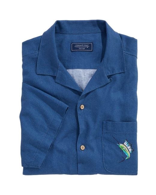 Vineyard Vines Blue Scenic Print Short Sleeve Linen Blend Cabana Shirt for men