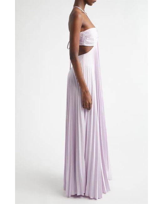 alc purple dress Poppy One Shoulder Satin Gown A fluid satin silhouette featuring a draped cowl neckline A.L.C. Moira Pleated Cutout Maxi