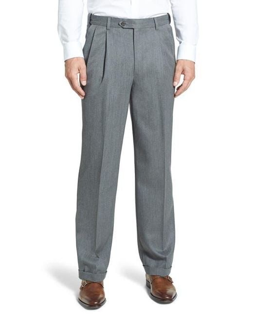 Berle Gray Self Sizer Waist Pleated Classic Fit Wool Gabardine Dress Pants for men