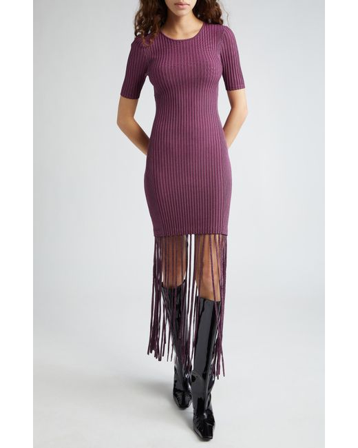 Ganni Purple Melange Rib Fringe Detail Knit Dress