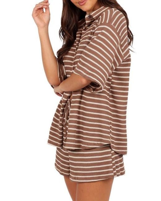 Petal & Pup Brown Linnea Stripe Cotton Knit Button-Up Shirt & Shorts Set