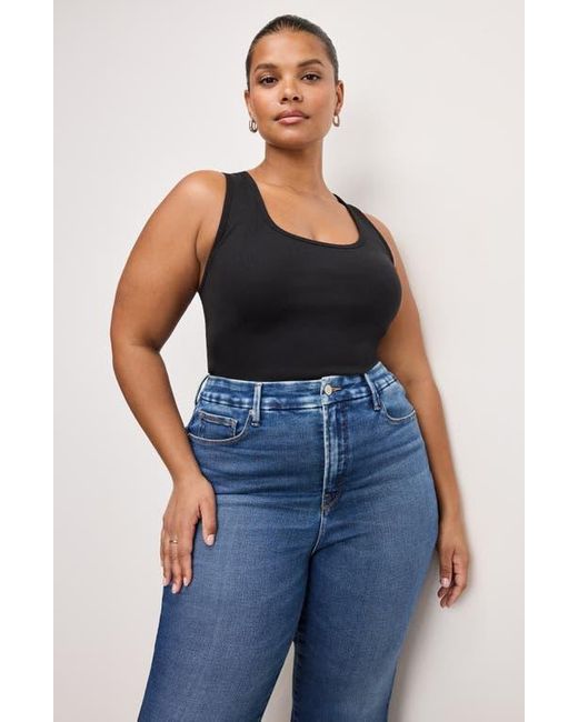 GOOD AMERICAN Blue Soft Tech Good Legs Raw Hem Crop Mini Bootcut Jeans