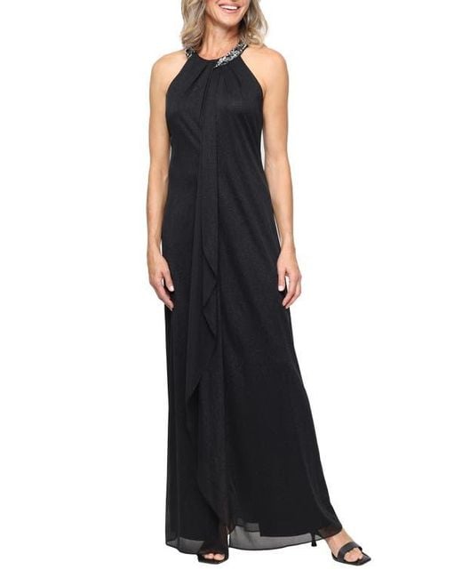 Sl Fashions Black Embellished Halter Neck Sleeveless Glitter Gown