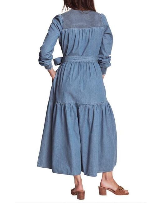 Boden Blue Smock Detail Long Sleeve Cotton Chambray Midi Dress