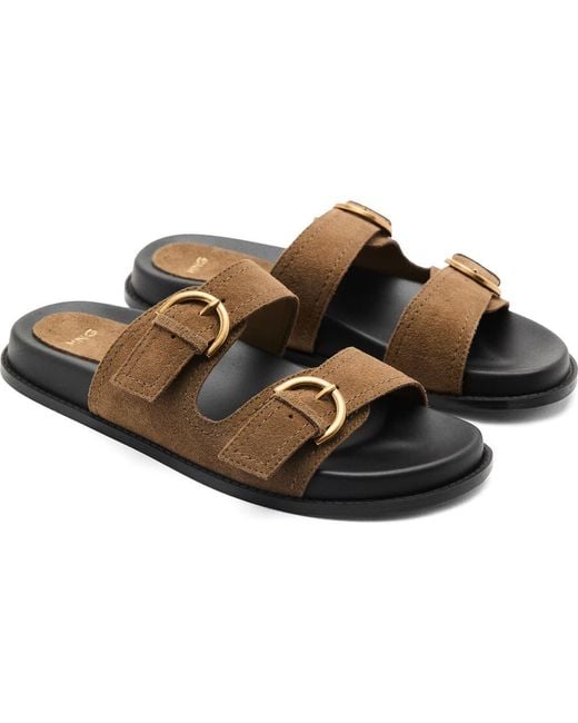 Mango Brown Double-Buckle Slide Sandal
