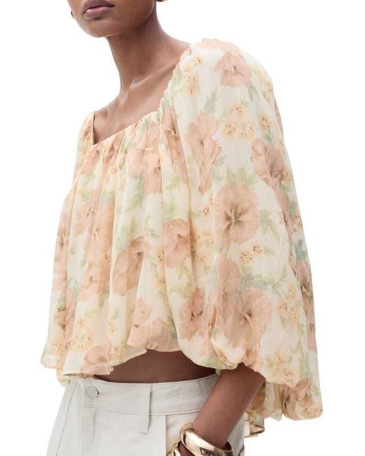 Mango Natural Open Back Puff Sleeve Chiffon Top