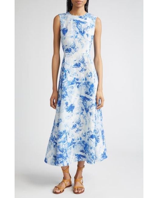 Lafayette 148 New York Blue Floral Sleeveless Silk & Linen Fit & Flare Dress