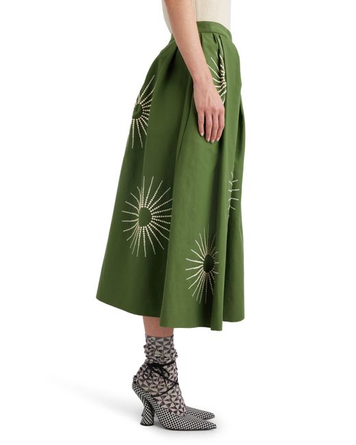 Dries Van Noten Green Sunburst Embroidered Cotton Poplin Midi Skirt