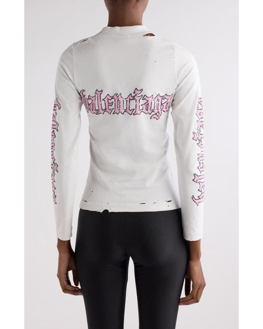 Balenciaga White Blackletter Script Distressed Fitted Graphic T-Shirt