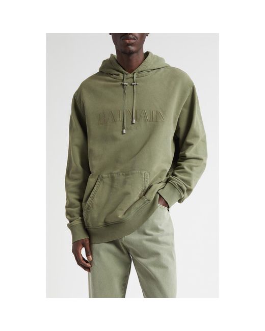 Balmain Green Oversize Vintage Emblem Cotton Hoodie for men