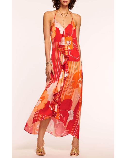 Ramy Brook Red Jeanette Floral Ruffle Detail Satin Slipdress