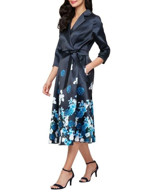 Alex Evenings Blue Placement Print Faux Wrap Mikado Cocktail Dress