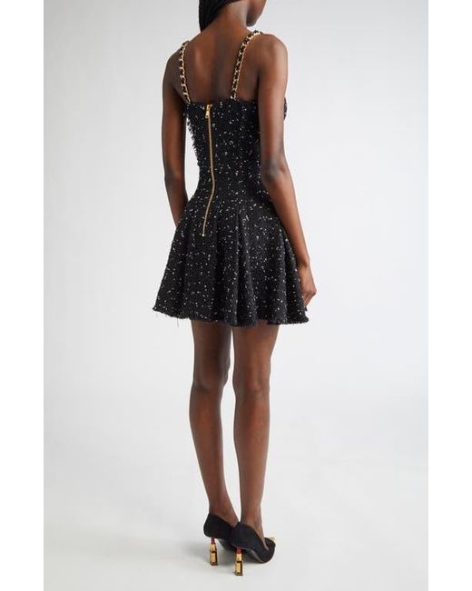 Balmain Black Chain Strap Polka Dot Tweed Fit & Flare Dress