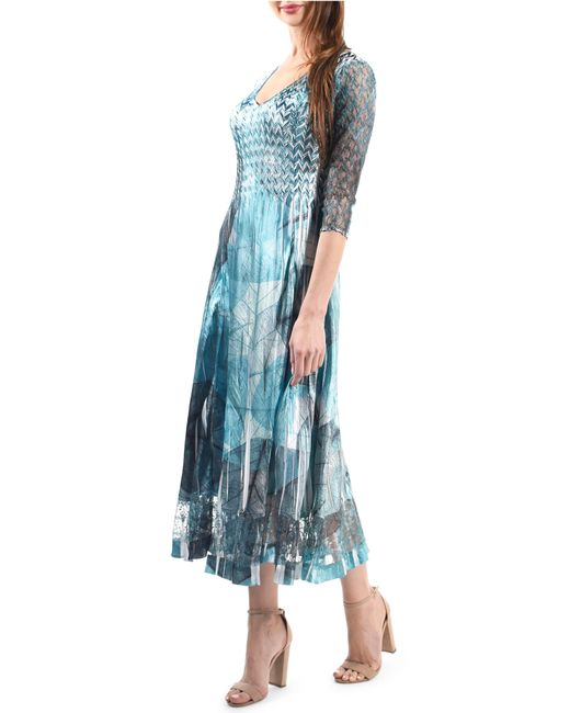 Komarov Blue Abstract Print Charmeuse & Lace Cocktail Midi Dress