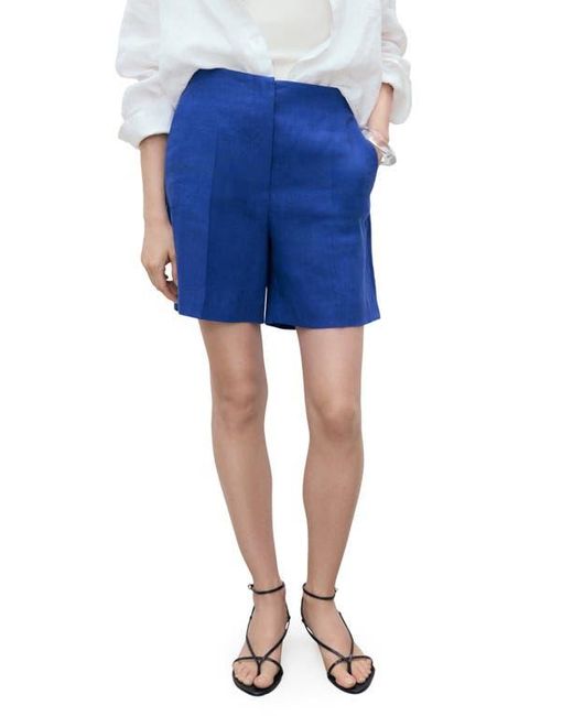 Mango Blue Straight Fit Linen Shorts