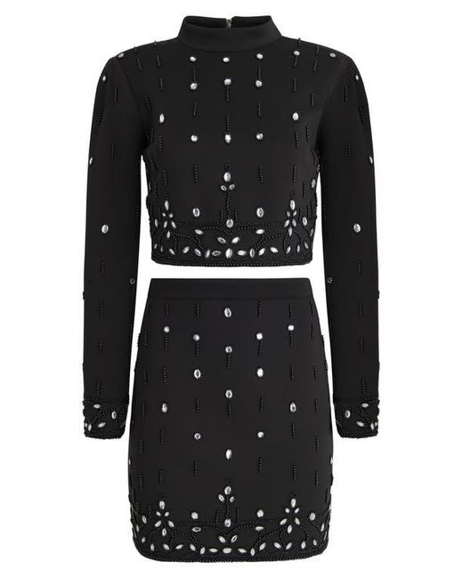 BCBGMAXAZRIA Black Crystal & Bead Detail Long Sleeve Top & Miniskirt Set