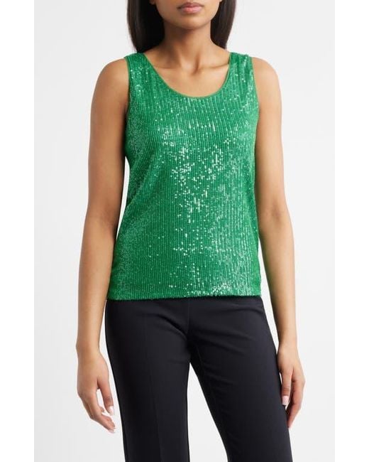 Anne Klein Green Sequin Double Scoop Neck Mesh Tank