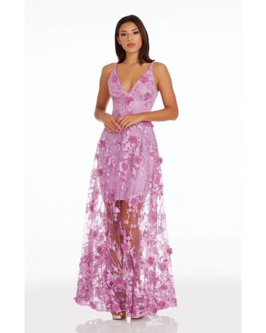Dress the Population Purple Sidney Deep V-neck 3d Lace Gown