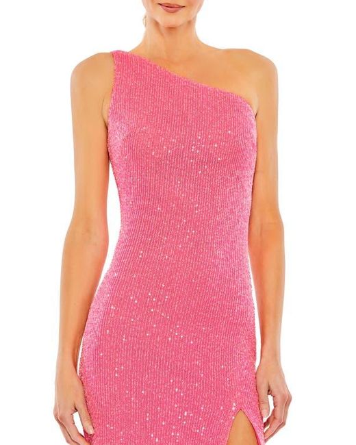 Mac Duggal Pink Sequined One Shoulder Draped Back Gown