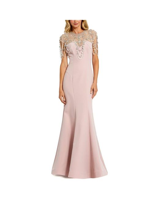 Mac Duggal Pink Draped Pearl Beaded Crepe Mermaid Gown
