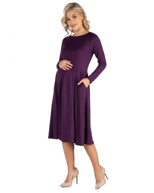 24seven Comfort Apparel Purple Maternity Midi Length Fit And Flare Pocket Dress