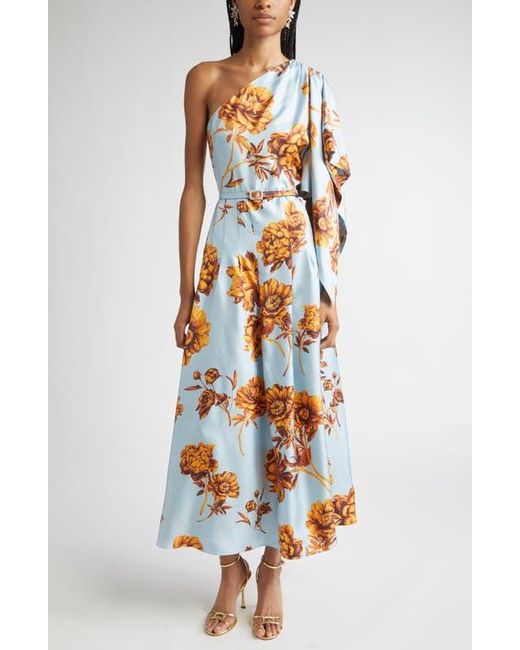 Oscar de la Renta Women's Blue Peony One-Shoulder Silk Twill Midi Dress