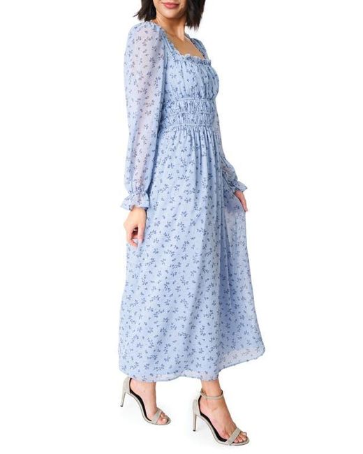 Gibsonlook Blue Floral Print Shirred Long Sleeve Maxi Dress