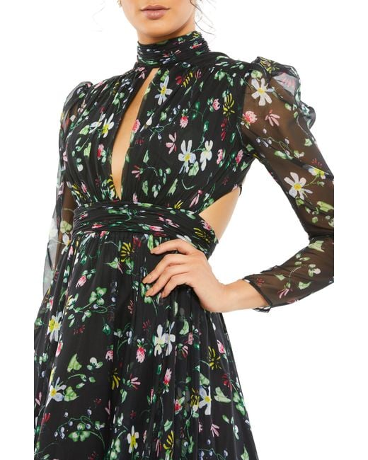 Mac Duggal Green Floral Chiffon Cutout Long Sleeve Gown