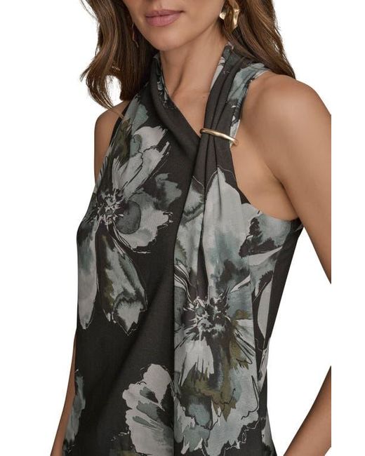 Donna Karan Black Print Side Drape Sleeveless Top