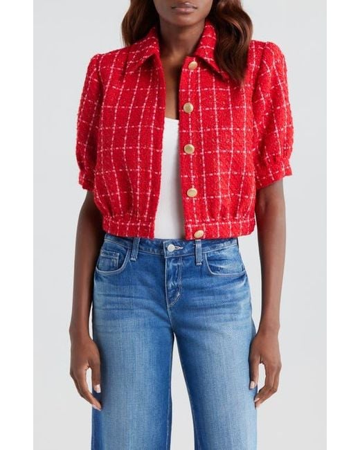 L'Agence Red Cove Plaid Short Sleeve Crop Tweed Jacket