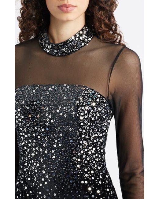 Eliza J Black Mixed Media Sequin Long Sleeve Cocktail Midi Dress