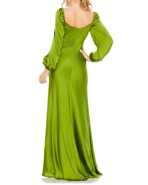 Mac Duggal Green Sweetheart Neck Long Sleeve Satin Gown