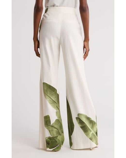 Alice + Olivia Green Dylan Placed Palm Leaf Print Wide Leg Linen Blend Pants