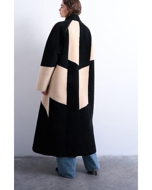 TOPSHOP Blue Patchwork Colorblock Faux Shearling Longline Coat