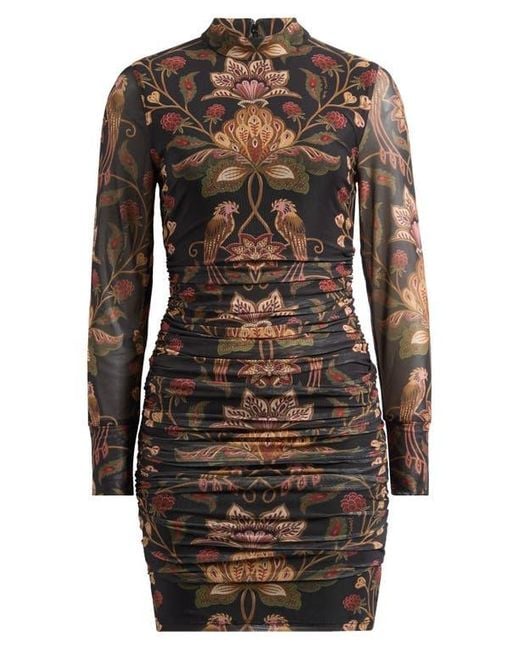 Farm Rio Brown Berry Garden Long Sleeve Ruched Dress