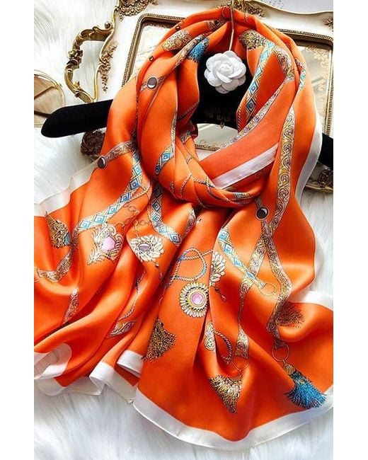 小物 YOKE / STILL JACQUARD LONG STOLE(ORANGE) SILKSILKY Silk Printed Rectangular Long Stole Scarf in Orange | Lyst