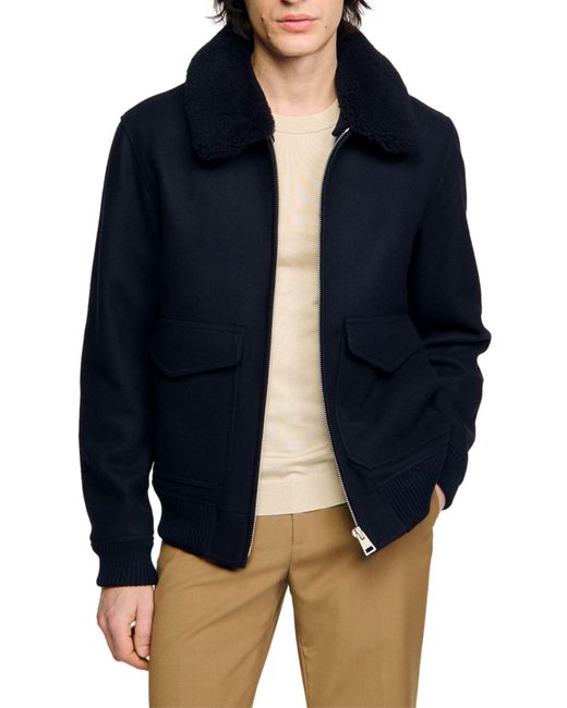 Sandro Blue Genuine Shearling Collar Aviator Jacket for men