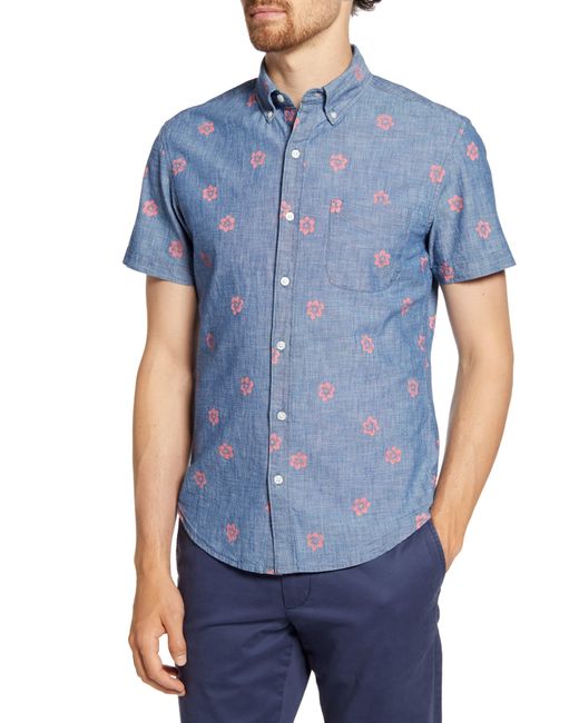 Bonobos Blue Slim Fit Floral Short Sleeve Button-down Chambray Shirt for men