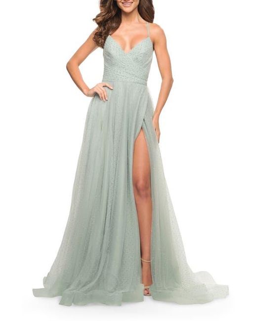 La Femme Green Rhinestone Tulle Ballgown With Slit And Lace Up Back