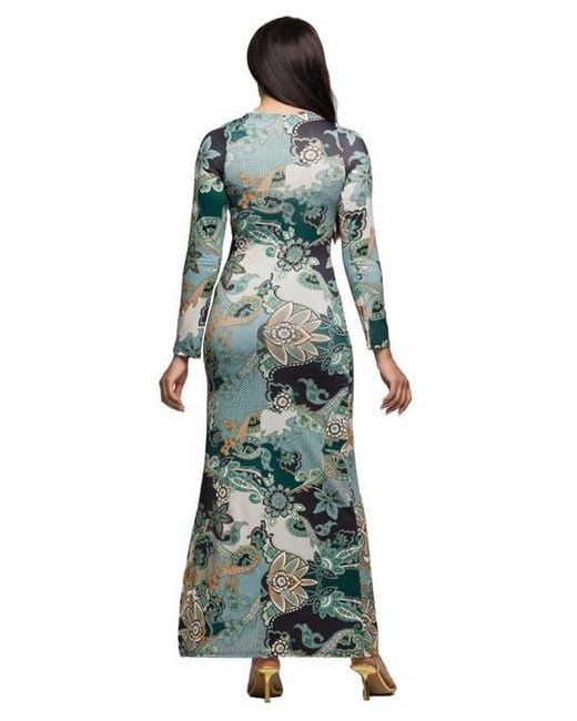 24seven Comfort Apparel Green Paisley Print Long Sleeve Side Slit Maxi Dress