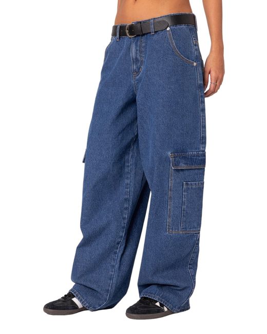 Edikted Blue Low Rise baggy Belted Cargo Jeans