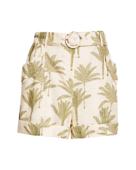 Reiss Natural Cali Palm Print Belted Linen Shorts