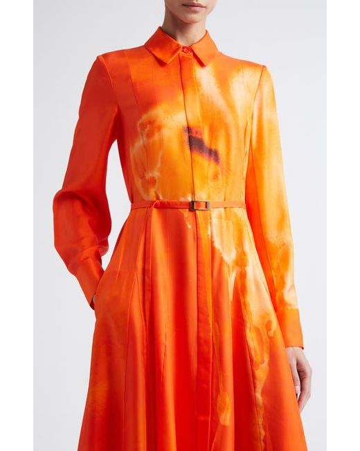 Jason Wu Red Watercolor Floral Print Pleated Long Sleeve Silk Twill Shirtdress