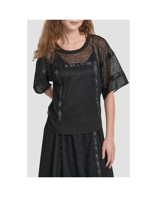 DKNY Black Flowy Leopard Mesh Boxy Top