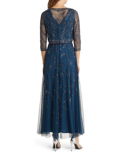 Pisarro Nights Blue Beaded Mesh Gown With Jacket