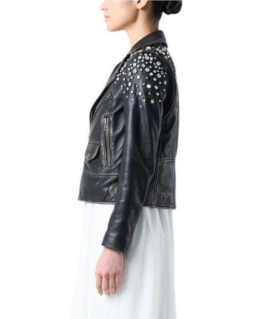 Velez Black Leather Biker Jacket With Crystals