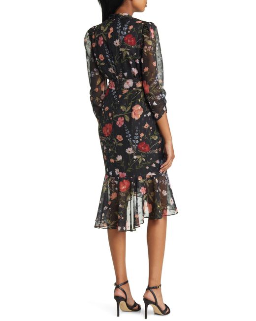 Eliza J Floral Metallic Detail Long Sleeve Body-con Chiffon Dress 
